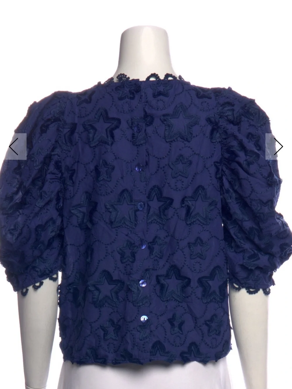 FARM Rio Navy Star Appliqué Puff Sleeve Blouse NWOT